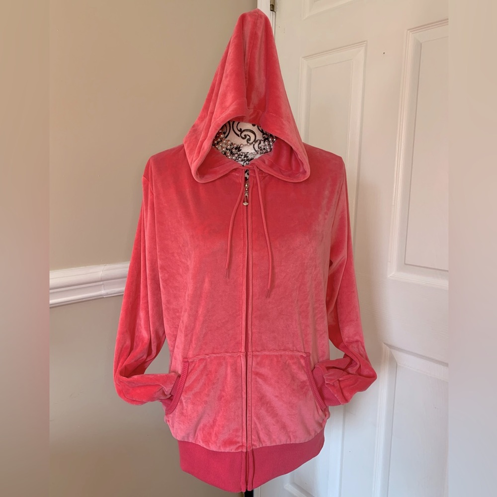 Facitisu- women’s, pink, zip up velour hoodie, Size Lg.